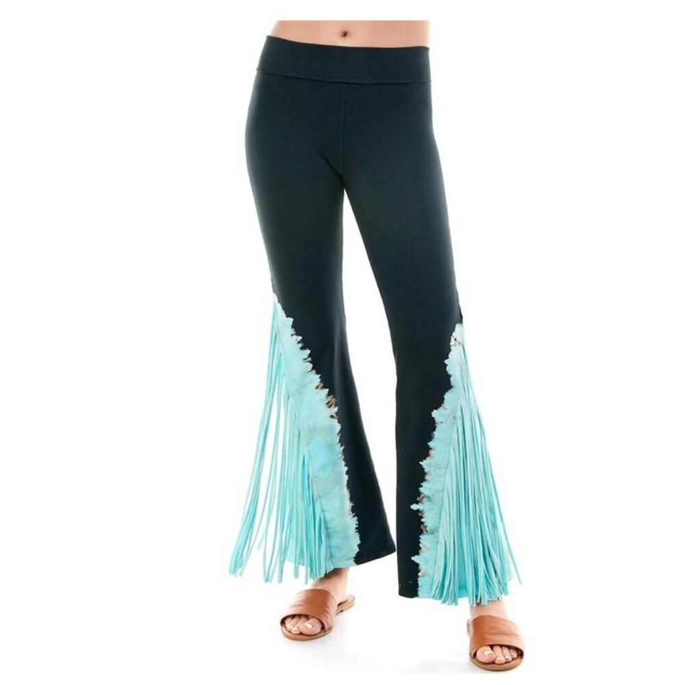 NEW T-PARTY tie dye fringed yoga pants in turquoise